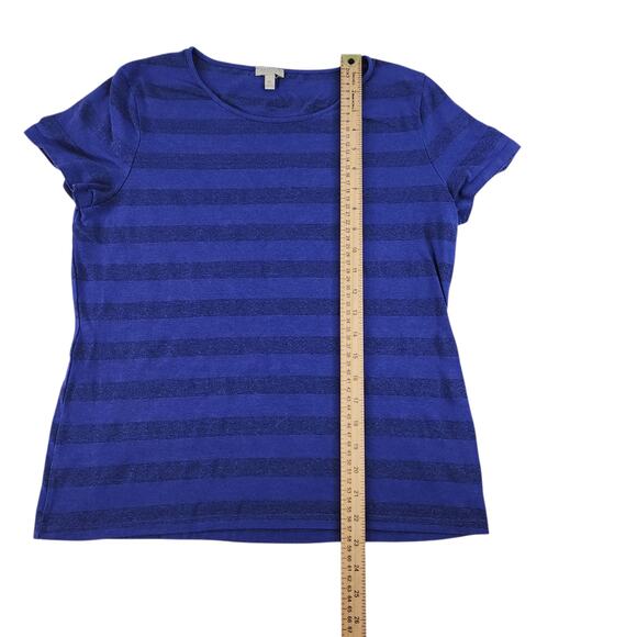 Blue Striped Shirt Womens PM Medium Petite Horizontal Sparkly Shimmer Cap Sleeve - Picture 10 of 12